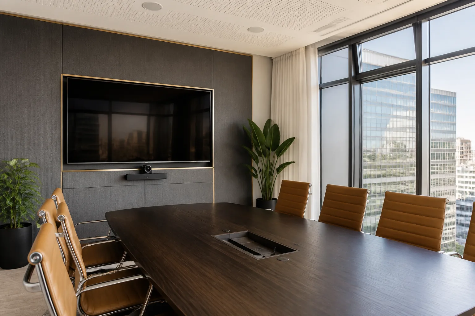 Modern meeting room with display, camera and table cable access