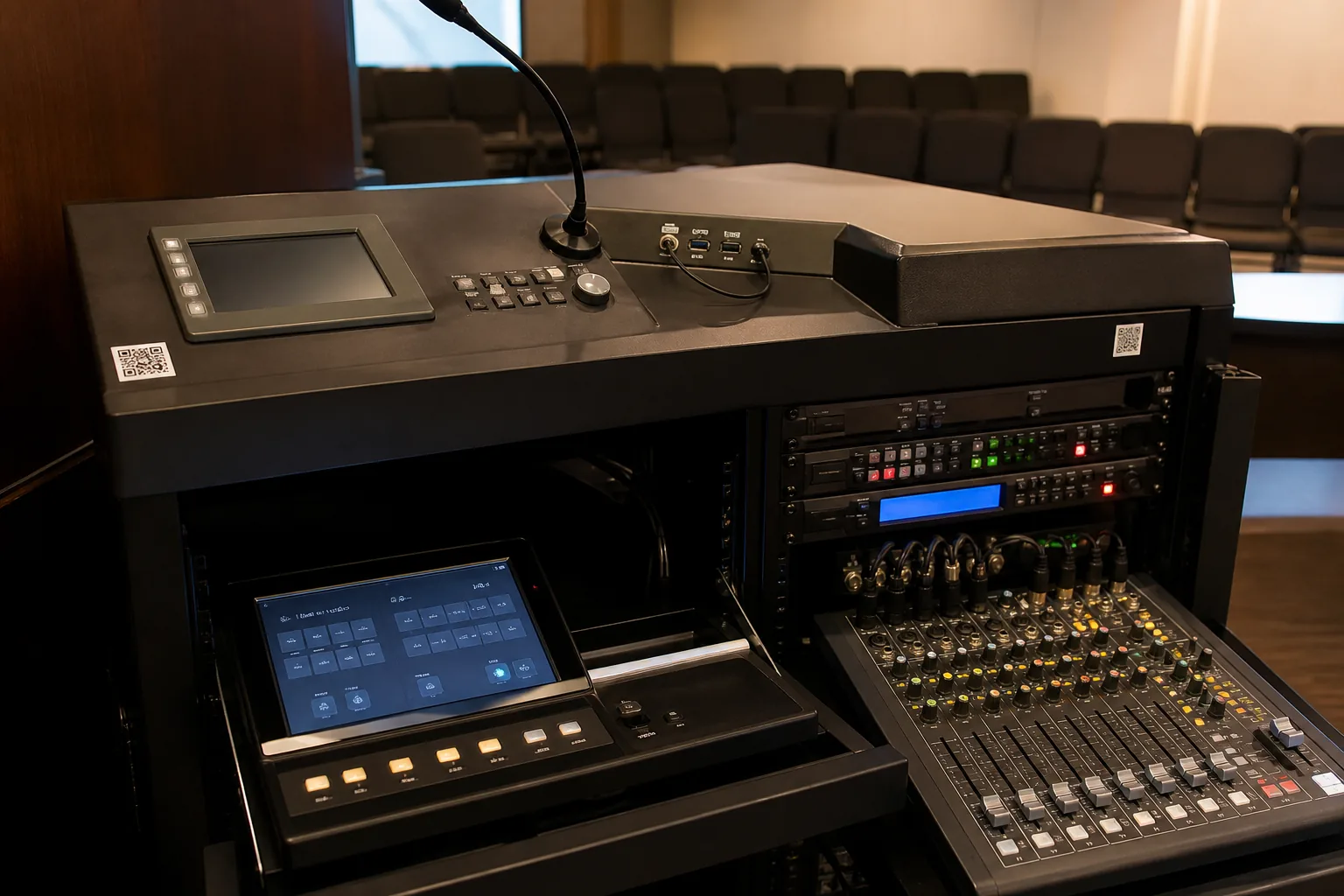 Audio console with QR-linked support access