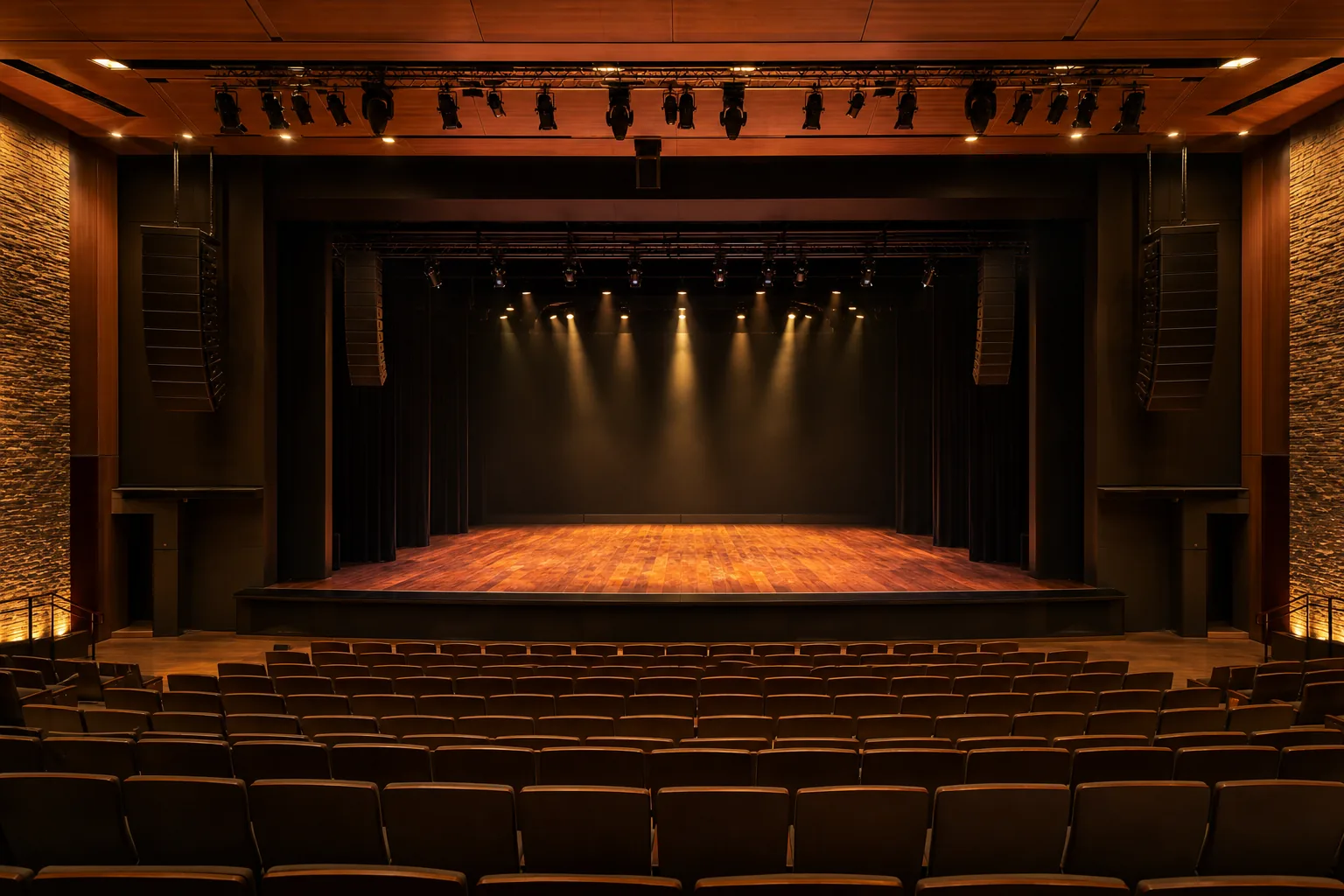 Empty theatre stage with lighting, speakers and rigging