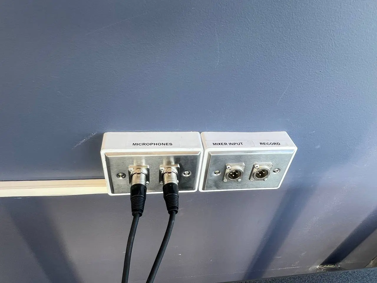Labelled microphone, mixer input and record XLR wall plates